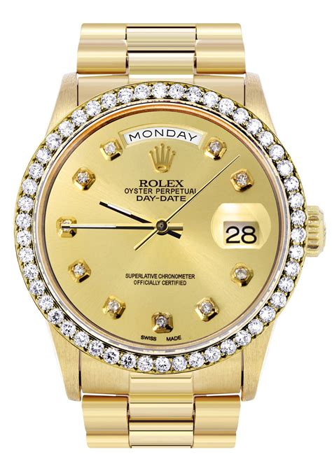 rolex presidential gold with diamonds|18k presidential Rolex diamond bezel.